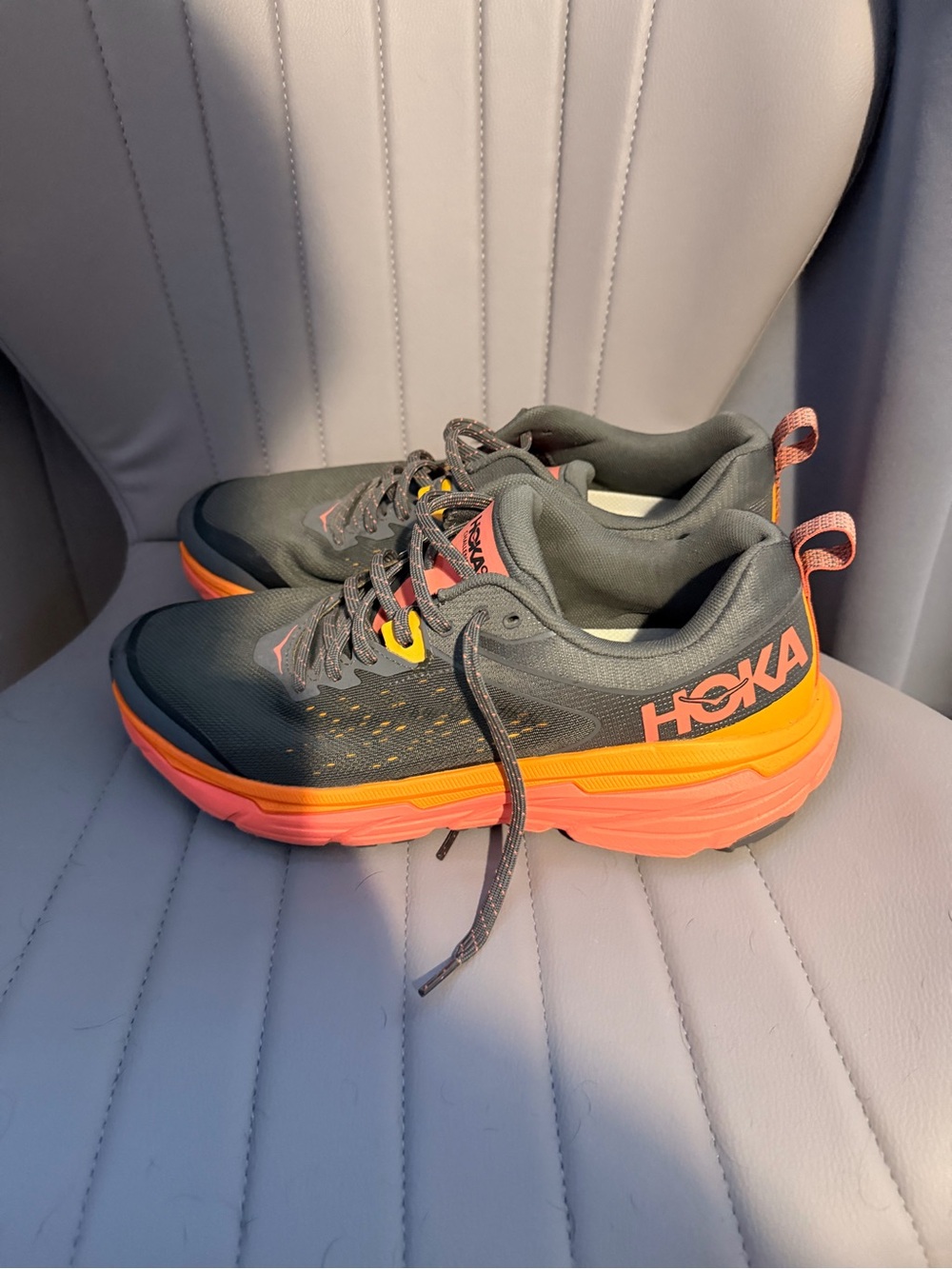 Hoka Trail Running Shoes - Gray with Orange and Yellow Accents - Picture 2 of 4